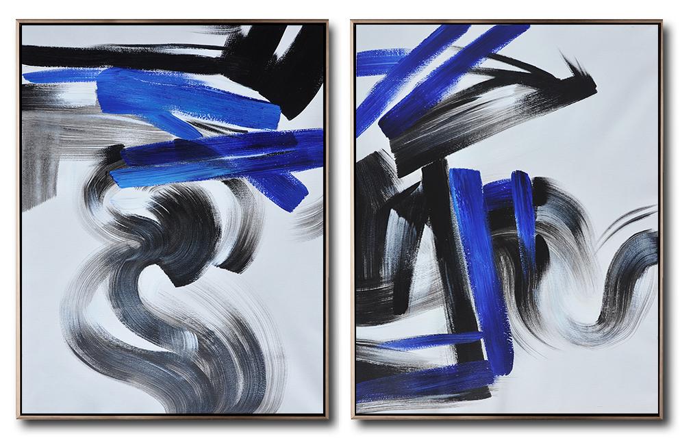 Set of 2 Blue Minimalist Painting #S163 - Click Image to Close